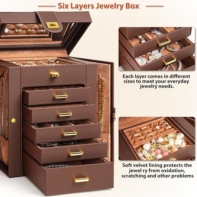 AKOZLIN 6-Tier Jewelry Box Organizer Functional 5 Drawers Leather Jewelry Storage Case for Women Girls Ring Necklace Earring Bracelet Holder Organizer with Mirror Brown Regular - Image 3