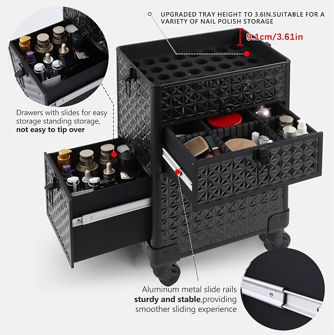 Makeup Train Case with Drawer, Rolling Makeup Case, Cosmetology Case on Wheels, Gift, Large Makeup Case Organizers, Professional for Salon Barber, Nail, Tattoo, Black - Image 6