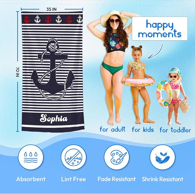 JML Personalized Beach Towel with Name, Custom Anchor Beach Towel, Customized Microfiber Pool Towel, Quick Dry & Absorbent Swim Towel for Adult,Anniversary, Birthday, Summer Holiday,Vacation - Image 3