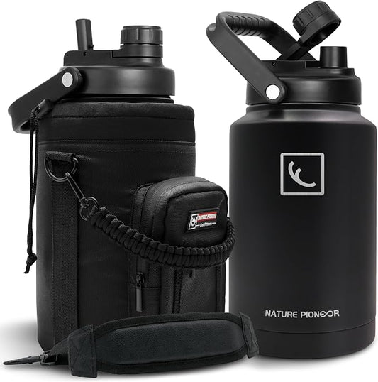 NATURE PIONEOR 1 Gallon (128oz) Insulated Water Bottle Jug with Carrier Bag | 18/8 Food-grade Stainless Steel, Double Vacuum Insulation, Wide-Mouth, Straw & Spout Lid, Strap, Camping, Hiking, Gym, Work by NATUREPIONEOR