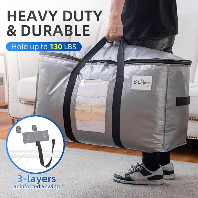 TAILI Extra Large Moving Bags, 8 Pack Silver Heavy Duty Totes For Storage with Visible Window, Wrap Around Handles, Storage Bags for Space Saving, Alternative to Moving Boxes - Image 5