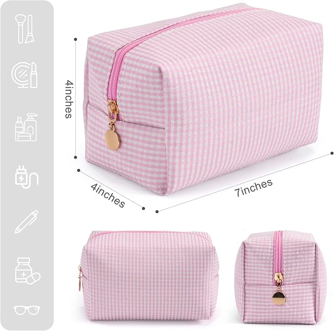 Makeup Bag Set for Women, 6PCS Travel Cosmetic Bags Pencil Case, Checkered Seersucker Toiletry Organizer Pouches, Cute Makeup Pouch for Purse, Accessories and Gifts, Pink Gingham - Image 3