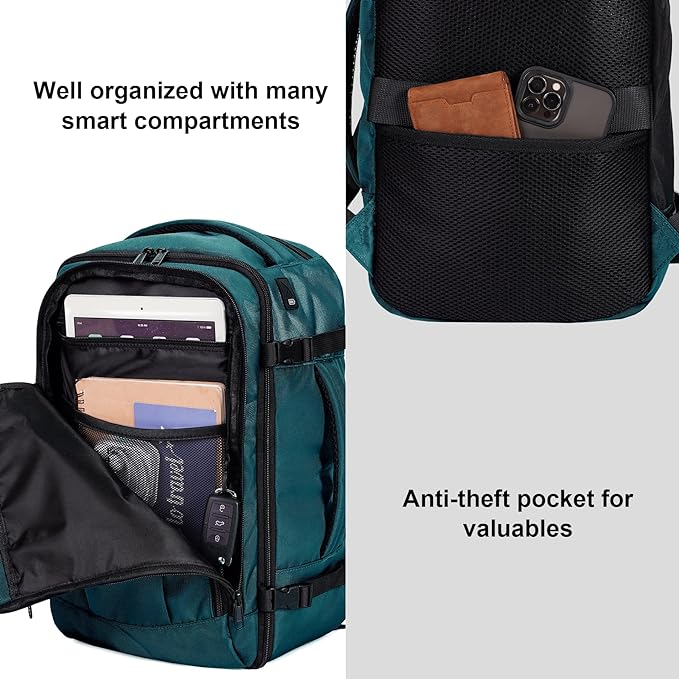 ECOHUB Travel Backpack 18x14x8 Spirit Airlines Personal Item Bag Carry On Backpack 13 Pockets Large Work Casual Daypack for men Airline Approved Waterproof Gym Backpack with Charging Port, Blue Green - Image 5