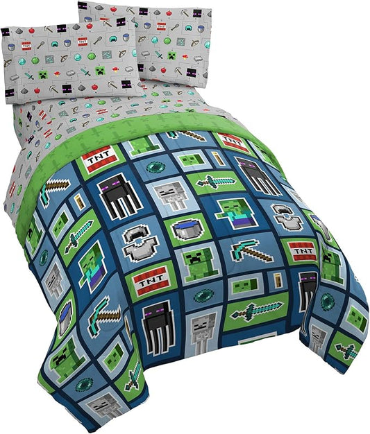 Minecraft Creeper Full Size Comforter Set 5 Piece Kids Bedding, Multi | Zombie, Bed in a Bag, Comforter Sheets Pillowcases, Official Product, Soft Microfiber, Machine Washable, Boys Gift by JayFranco