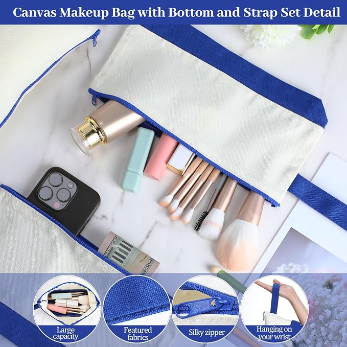 Silkfly 15 Pcs Cotton Canvas Makeup Bags Cosmetic Zipper Bags 10.2 x 5.5 x 2'' Blank DIY Pouch Bulk Pencil Case with Bottom Travel Toiletry Pouch for Women Craft Decor Gift (Beige and Blue) - Image 3