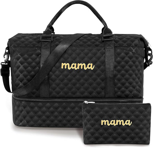Dansydaisy Mama Hospital Bag for Women Labor Delivery Travel Duffle Bag with Shoe Compartment and Toiletry Pouch Waterproof Letter Embroidered for Pregnancy Weekender Overnight Gym Gift, Black by Dansydaisy