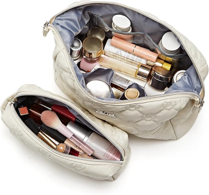 BOYATU Travel Makeup Bag Cosmetic Pouch: 2 Pcs Set Waterproof Vegan Leather Cosmetic Bags for Women - Cute Quilted Skincare Make up Toiletry Bag for Girl (05-White) - Image 4