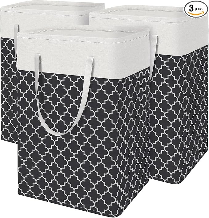 BlissTotes 3-Pack Laundry Basket, Freestanding＆Waterproof Laundry Hamper, Collapsible Tall Clothes Hamper with Easy Carry Handles for Clothes, Towels in the Family and Dorm,Clover Black,88L by BlissTotes