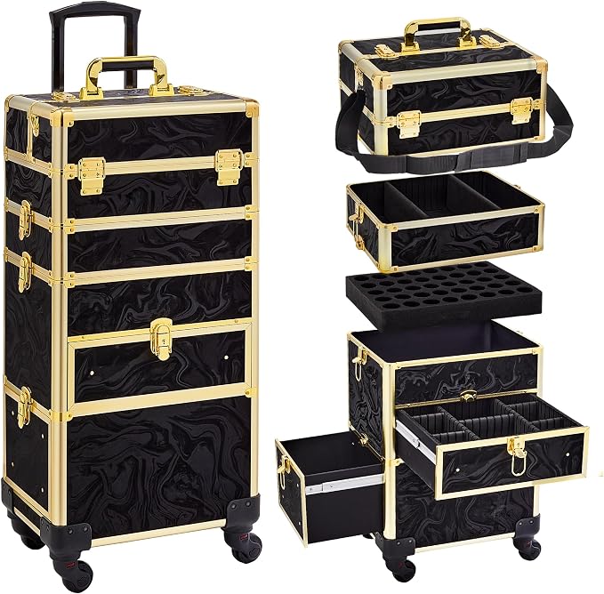 Somduy Rolling Makeup Case with Drawer, Makeup Train Case, 4 in 1Cosmetology Case on Wheels, Christmas Gift, Large Makeup Organizers, Profesional Cosmetic Case for Salon Barber, Pattern Black Gold by Somduy