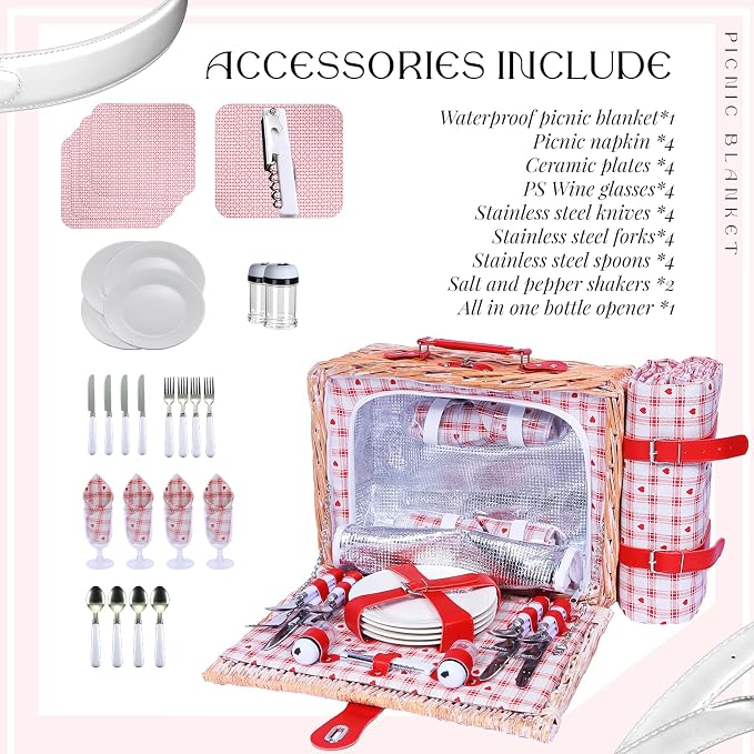Picnic Basket Set for 4 with Waterproof Blanket Mat Insulation Bag Wicker Floral Pink Red Love Plaid Cute Kawaii Gift for Wedding Birthday Summer Camp Outdoor Camping Beach Travel Christmas - Image 5