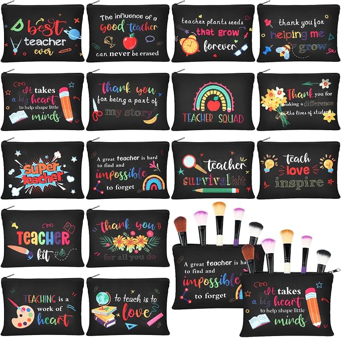 Hillban 32 Pcs Teacher Appreciation Gifts Bulk Colorful Appreciation Makeup Bag Funny Pencil Pouch for Women Thank You Gifts for Teacher Birthday Retirement(Lovely) by Hillban
