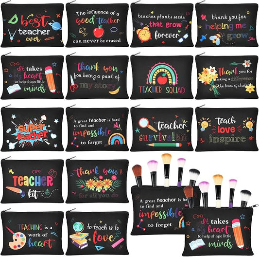 Hillban 32 Pcs Teacher Appreciation Gifts Bulk Colorful Appreciation Makeup Bag Funny Pencil Pouch for Women Thank You Gifts for Teacher Birthday Retirement(Lovely) by Hillban