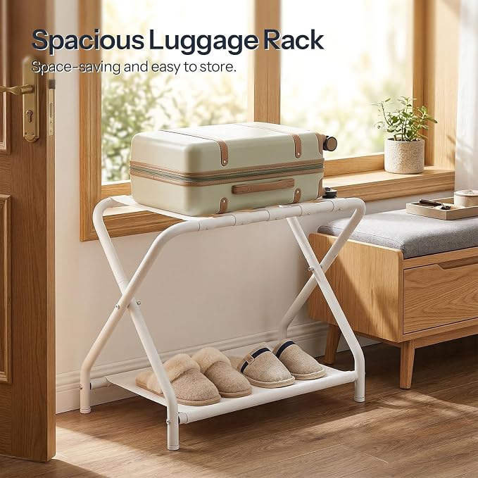 HOOBRO Luggage Rack, Folding Suitcase Stand with Fabric Storage Shelf for Guest Room, Bedroom, Hotel, Holds up to 100 lb, 27 x 15.3 x 22 Inches, Space Saving, White WT04XL01 - Image 2