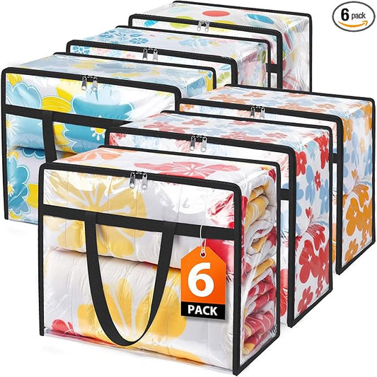 SpaceTrove Clear Clothes Storage Bags, 6 Pack Closet Organizers and Under Bed Storage Containers, Foldable Moving Bags with Zippers for Comforter, Blanket, Bedding, Duvet, PVC Packing Bags 40L by Unknown