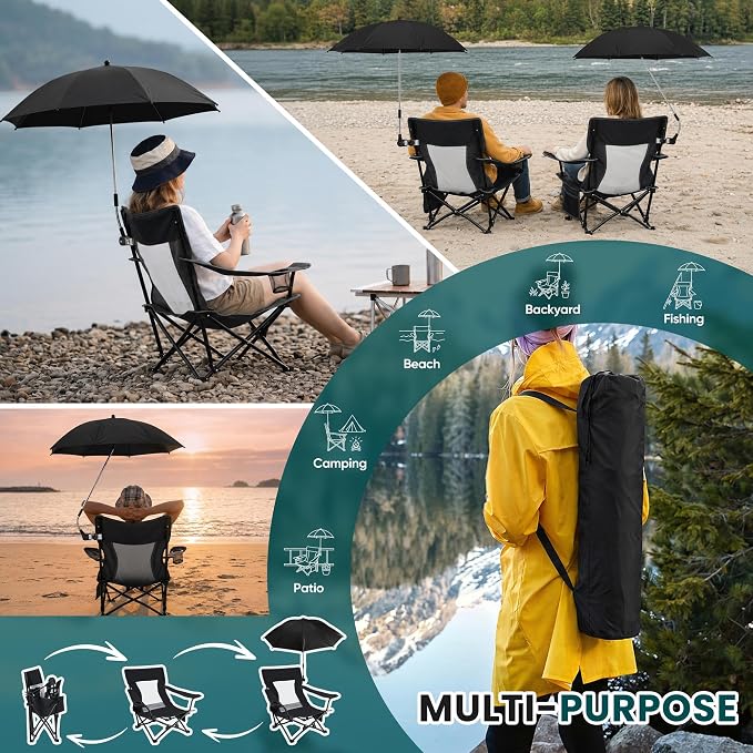 HaSteeL Low Beach Chair Set of 2, Foldable Black Camping Chair with Adjustable Umbrella Set for Adults, Lightweight Portable Lawn Chairs for Fishing, Picnic, Outdoor BBQ, Travel, Sports - Image 7