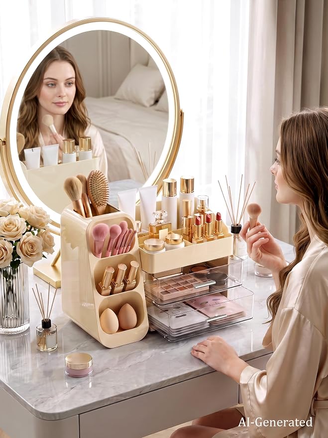 Large Makeup Organizer Countertop Skincare Organizers, Spacious Cosmetic Display Case for Vanity Organizers Storage, Waterproof Make Up Organizer for Bathroom, Birthday Gifts for Women, Cream - Image 8