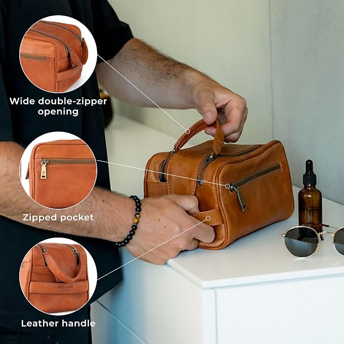 BERLINER BAGS Vintage Genuine Leather Toiletry Bag Tim M, Large Capacity Cosmetics Bag for Men and Women for Travel, Gift for Dad - Brown - Image 5