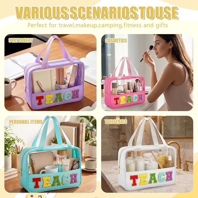 Hillban 6 Pcs Clear Teach Makeup Bags Bulk Chenille Letter Travel Toiletry Bags with Handle Large Waterproof Storage Cosmetic Bag Graduation Back to School Retirement Gifts for Women - Image 5