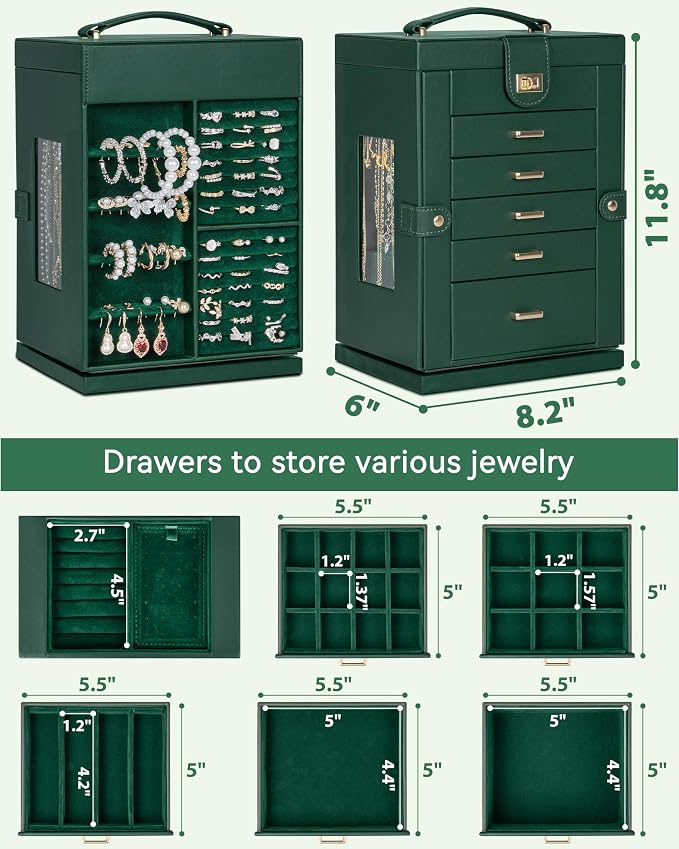 AKOZLIN 6-Tier Jewelry Box Organizer Functional 5 Drawers Leather Jewelry Storage Case for Women Girls Ring Necklace Earring Bracelet Holder Organizer with Mirror Green 360° Rotating - Image 3