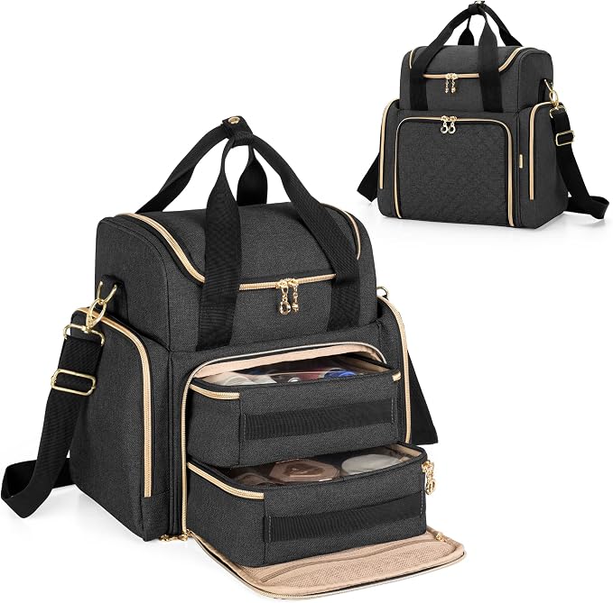 LUXJA Travel Makeup Bag with 2 Removable Makeup Cases, Black | Large Cosmetic Bag with Multiple Storage Sections, 3 Detachable Dividers, Detachable Shoulder Strap, Trolley Sleeve by Luxja