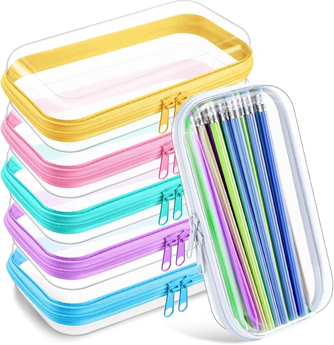 Sanwuta 6 Pcs Clear Hard Zipper Case Plastic Zipper Pouches Transparent Makeup Bag Pencil Case Pouches Toiletry Diaper Bag for Travel Toy Storage Organizer Bins(Colorful,7.48 x 3.94 x 2 Inch) by Sanwuta