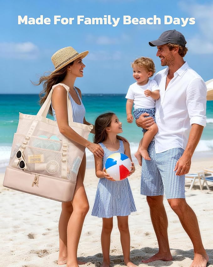 Large Beach Bag with Cooler Mesh Beach Tote for Women Insulated Pool Bag - Image 3