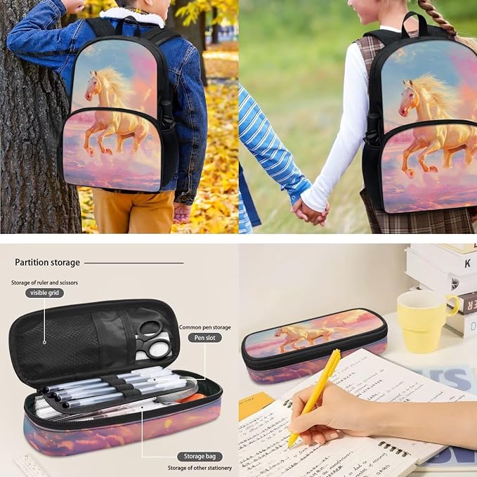 Horse Print School Backpack for Kids Children Teens,4Pcs Horse Animal School Bag Set Large Pencil Holder Pouch Crossbody Water Bottle Holder Bag Insulated Lunch Box Back to School Gift - Image 4