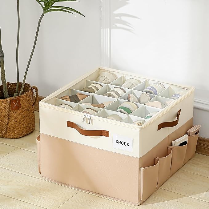 Varhomax Shoe Organizer Box for Closet, Fabric Shoe Storage Bin with Adjustable Dividers & Clear Cover, Holds up 16-32 Pairs of Sneakers & Sandals for Entryway, Cubby - Image 2
