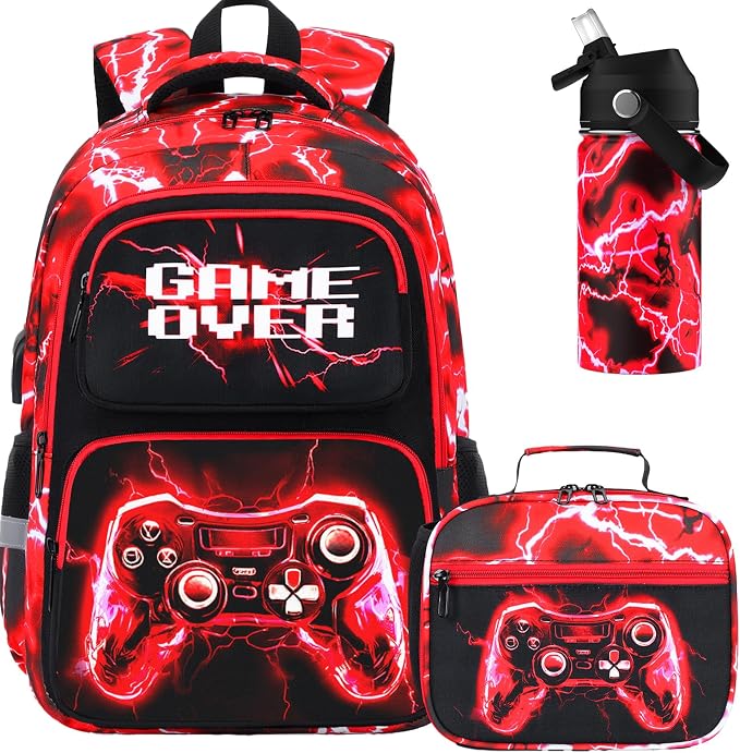 Bevalsa Kids Backpack for Boys with 14oz Insulated Bottle, Gamer Backpack School Bags for Kids & BPA-FREE Stainless Steel Metal Bottle for Elementary Middle School Student (Red Lightning) by Bevalsa