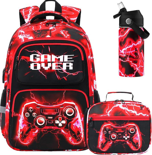 Bevalsa Kids Backpack for Boys with 14oz Insulated Bottle, Gamer Backpack School Bags for Kids & BPA-FREE Stainless Steel Metal Bottle for Elementary Middle School Student (Red Lightning) by Bevalsa