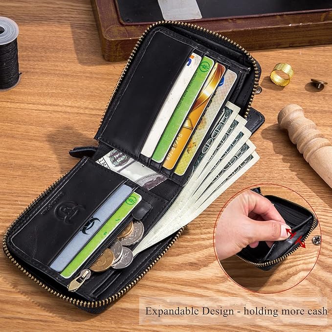 BULLCAPTAIN Genuine Leather Wallet for Men Large Capacity ID Window Card Case with Zip Coin Pocket QB-231 (Black)