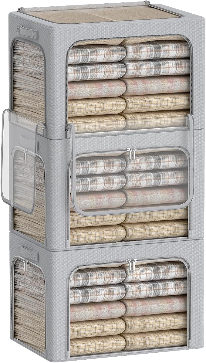 3Pack Clothes Storage Bins - Oxford Frame Storage Box Foldable Stackable Storage Organizer with 3 Openings Design, Metal Frame, Clear Window, Carry Handles (Grey, 100L-23.6 * 16.5 * 15.7in) - Image 9