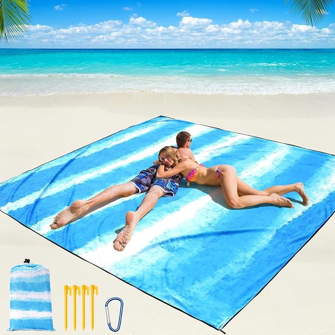 WIWIGO Beach Blanket Waterproof Sandproof Beach Mat 79" X 83"/10'x9'for 2-8 Adults Quick Drying Outdoor Picnic Mat Beach Accessories for Travel, Camping, Hiking by WIWIGO