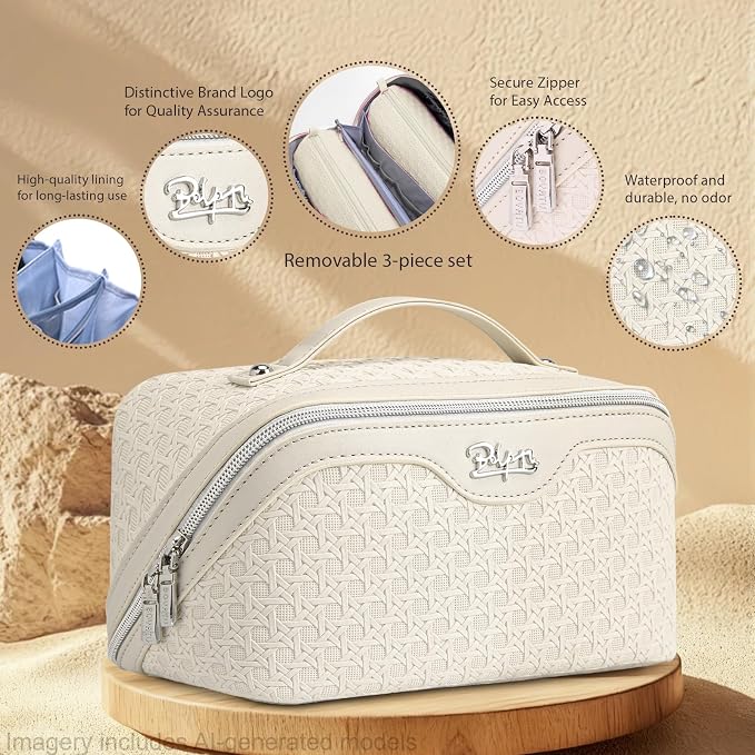 BOYATU Travel Makeup Bag Cosmetic Bags for Women: Large Capacity 3 Pcs Set Make up Bag with Compartments - Waterproof Vegan Leather Toiletry Organizer Bags with Handle (M-72Off-white) - Image 3