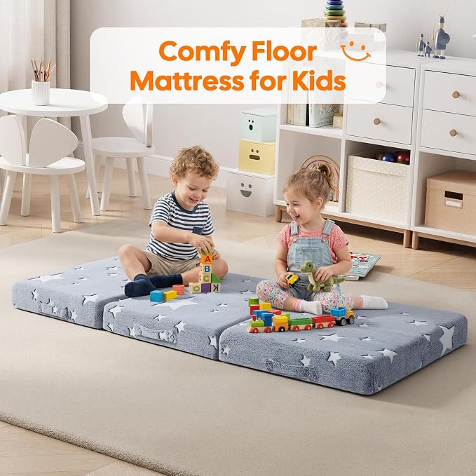 MeMoreCool Glow Star Kids Foldable Floor Mattress Trifold, 75x25 Inch Grey | Glow star trifold mattress for classroom flexible seating, reading, camping - Image 6