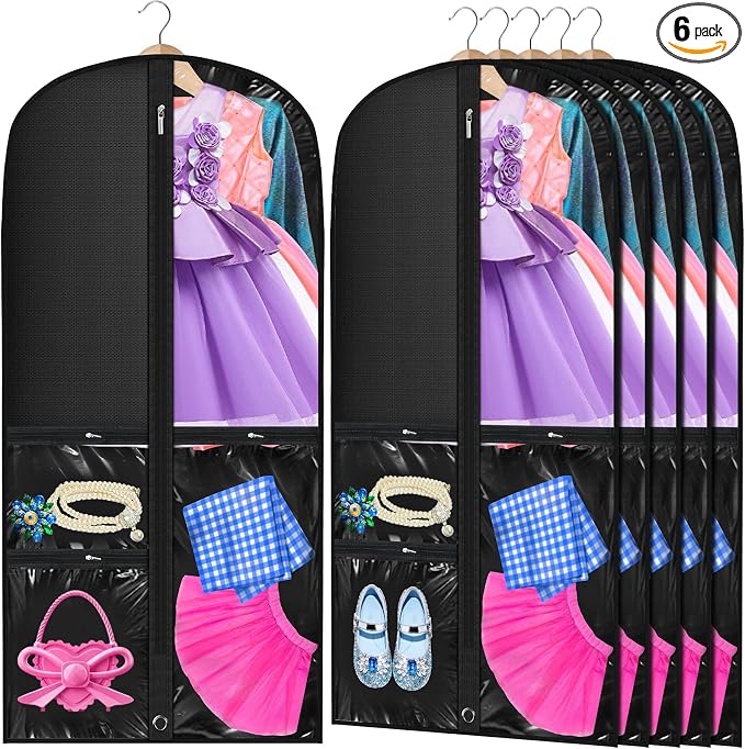 6 Pcs 24'' x 50'' Clear PVC Garment Bag Dance Costume Competition Bag with Rack Zippers Pockets Hanging Garment Covers Costume Organizer Costume Carrier for Adults Kids(Black) by Suttmin