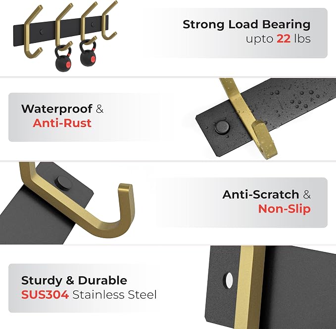 Coat Rack Wall Mount – Black and Gold Hook Rail with 4 Double Coat Hooks, 12 Inch Stainless Steel Wall Hooks for Entryway, Bathroom, Bedroom, Closet, Towel, Hat, Bag, Heavy Duty Organizer - Image 3