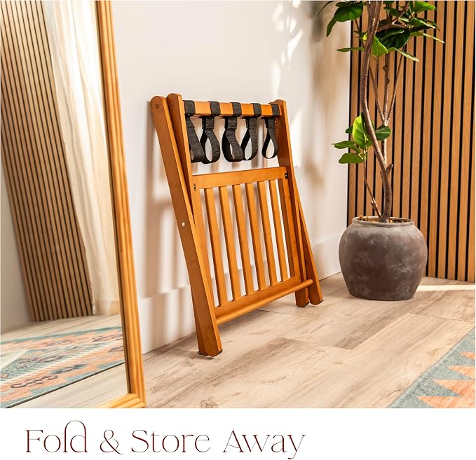 Fully Assembled Walnut Bamboo Folding Luggage Rack for Guest Room, 26.75" Folding Suitcase Stand with Removable Laundry Bag & Storage Shelf, Heavy Duty Foldable Luggage Stand for Bedrooms, Hotels, Airbnbs Holds 215lb - Image 8