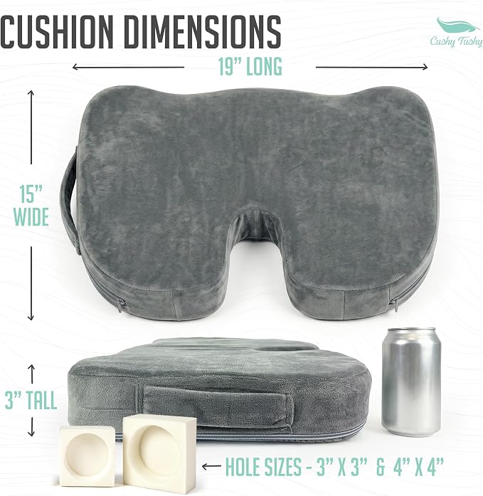 Cushy Tushy Premium Customizeable Seat Cushion, Gray | Moveable Holes, Customizable High Quality Foam, Relief for Lower Back, Sciatic, & Tailbone Pain - Image 2