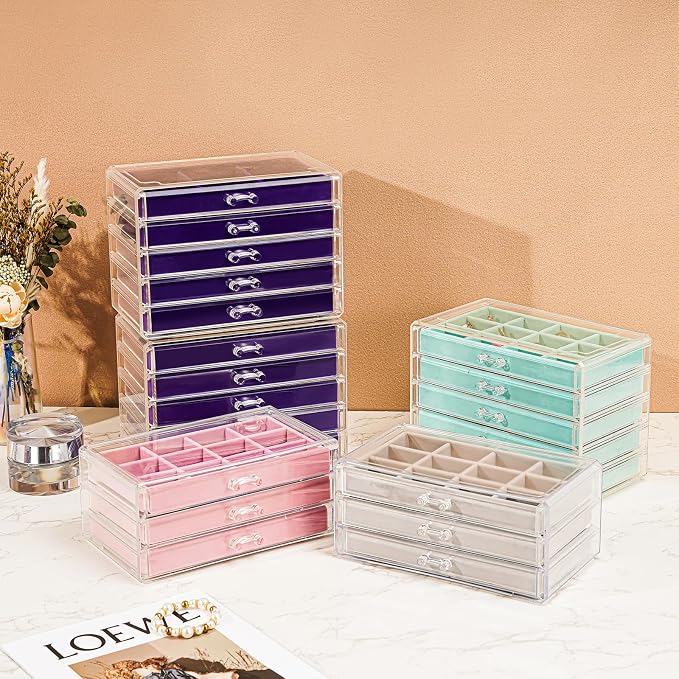 ProCase Earring Holder Organizer Jewelry Box with 3 Drawers, Acrylic Clear Earring Case with Adjustable Velvet Trays for Women - Aqua, 3 Layers - Image 5