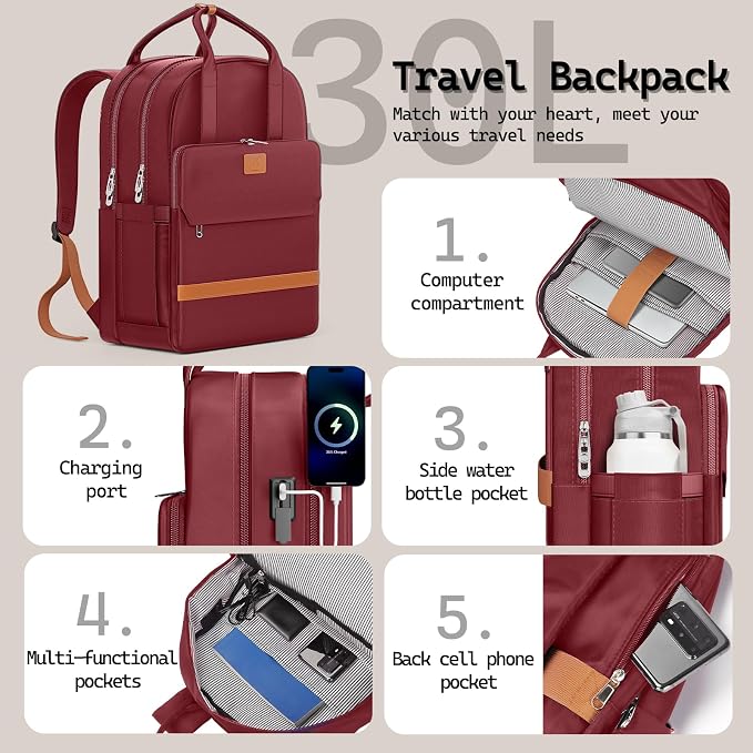 Melalenia Suitcase Sets 6 Piece Hard Shell Carry on Luggage with Spinner Wheels and TSA Lock, Lightweight Travel Backpack for Women, Men, Red Brown - Image 4