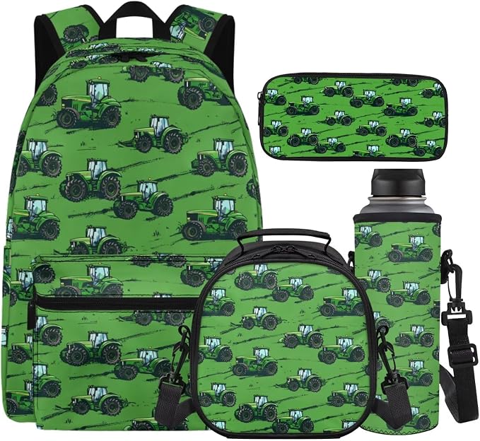 Tractor Boys School Bag with Lunch Box Pencil Case Water Bottle Sleeve Green 4 in1 Set Boys Backpacks Ages 8-10 6-8 Kids Bookbag for Elementary Middle Travel Outdoor Daypack by Unknown