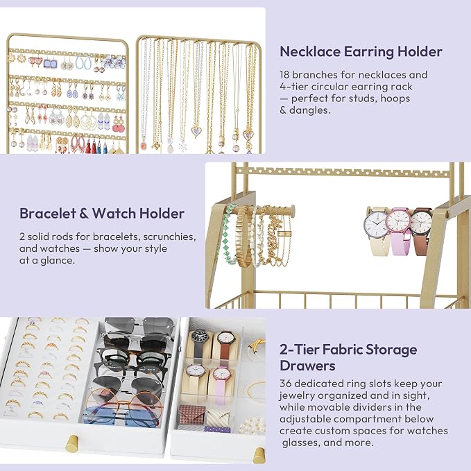 SWTYMIKI Gold Jewelry Organizer Stand - Multifunctional Rack Tower for Necklace, Earring, Ring & Bracelet Display - Moveable Storage Jewelry Holder Stand with 4 Nonwoven Drawers for Bedroom Gold - Image 4