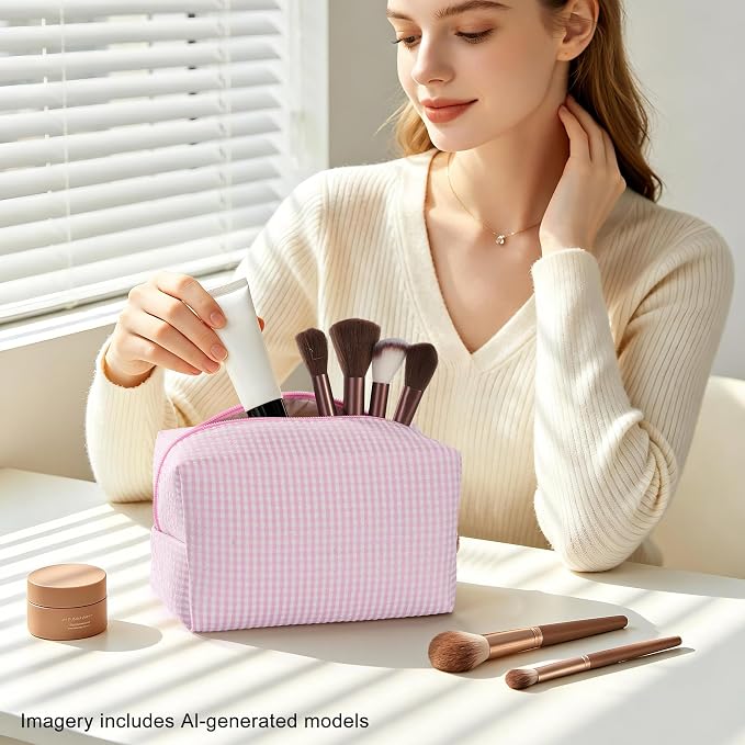 Makeup Bag Set for Women, 6PCS Travel Cosmetic Bags Pencil Case, Checkered Seersucker Toiletry Organizer Pouches, Cute Makeup Pouch for Purse, Accessories and Gifts, Pink Gingham - Image 5
