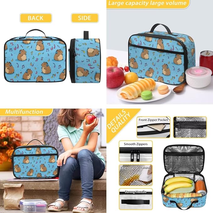 Music Capybara Backpack Pencil Case and Lunch Box 3 Piece Primary School Student Backpack for School Girls 3rd Grade with Lunchbox Girls Ages 6-8 Bookbag/Lunch Bag Set - Image 5