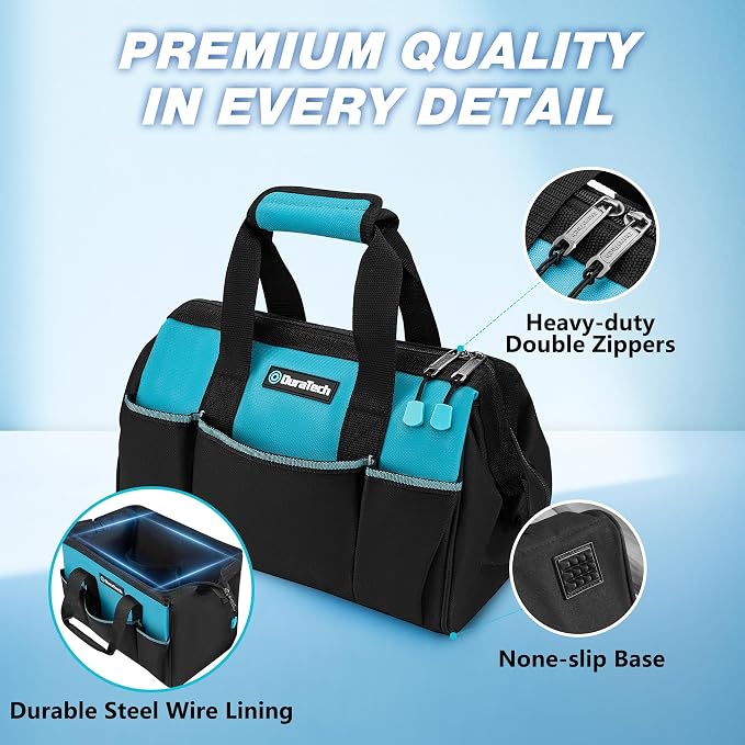 DURATECH 13" Small Tool Bag with 9 Pockets, Wide Open Tool Carrier | Thickened Fabric Construction, Multiple Storage Pockets, Tool Organization, Mechanics Electricians Plumbers HVAC Use - Image 6