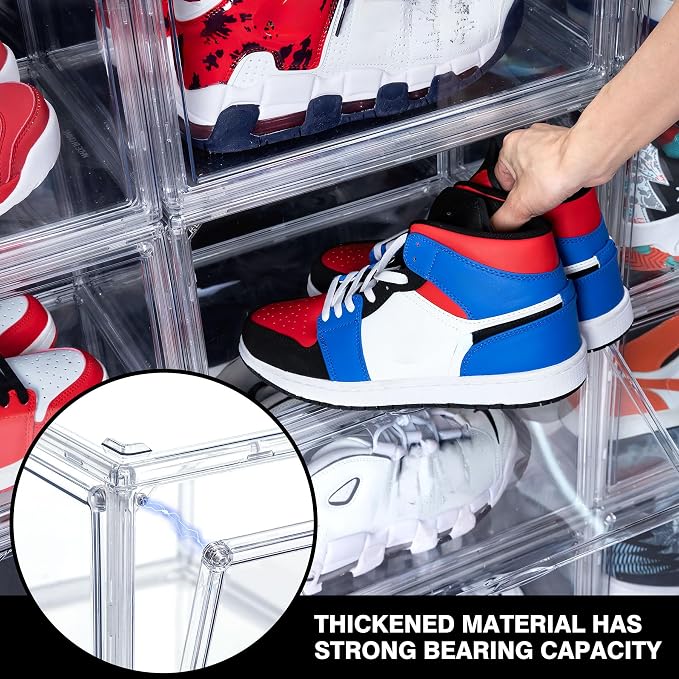 12 Pack Shoe Boxes, Clear Acrylic Stackable Plastic Sneaker Box Container, Magnetic Drop & Side Open Shoe Organizer Case Container With Lids Fits Up to Size 15(Transparency) - Image 4