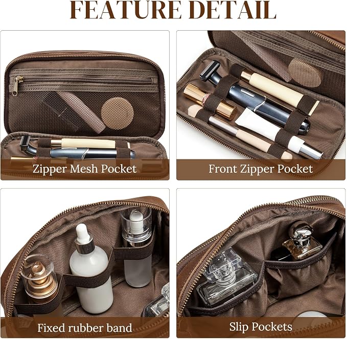 S-ZONE Leather Travel Toiletry Bag for Men Women Cosmetic Shaving Bags | Vintage Top Grain Leather, Multi Compartments, Bronze Hardware, Compact Dopp Kit - Image 3