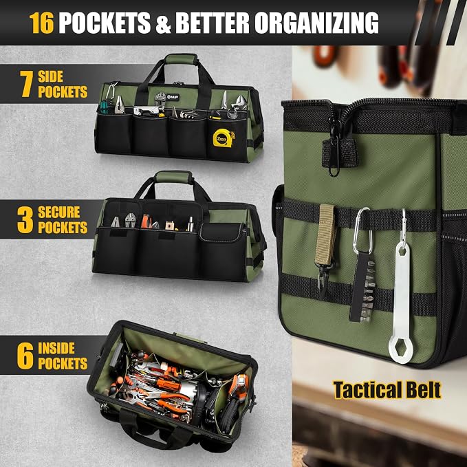 UUP Tool Bag Extra Large 20", Heavy Duty Spacious Tool Box Organizer, Green | 16 Pockets & MOLLE. Detachable Strap & Handle. Non-slip Base, Metal Buckle. 30lb Holds Drill/Tool on Truck, Garage, Men Gift. - Image 3