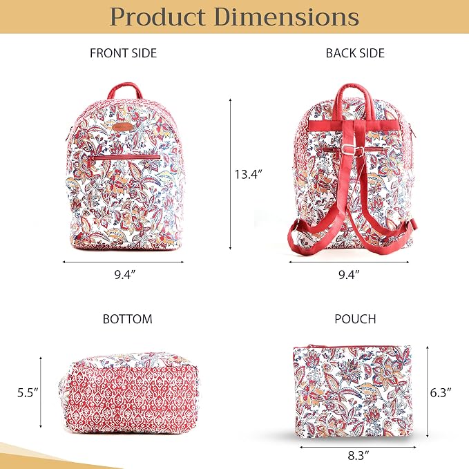 Maison d' Hermine Backpack for Women Men Cotton Shoulder Multipurpose Rucksack with Small Pouch Lightweight Multi Pocket Bag for Travel Work Beach Perfect for Spring Summer (Kerala - Red) - Image 5